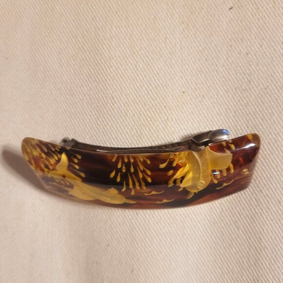 Bakelite Hair Clip Reverse Carved Dolphins Brown Amber Translucent 3 1\\2\